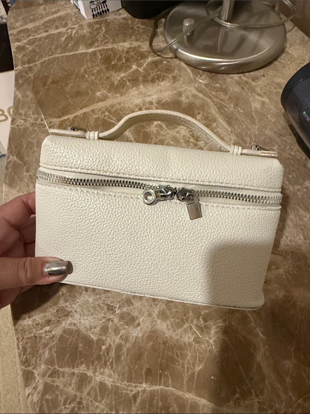 Cream Leather Top-Handle Cosmetic Case - Unbranded